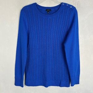 Talbots size L blue cable knit sweater cotton blend button detail NEW